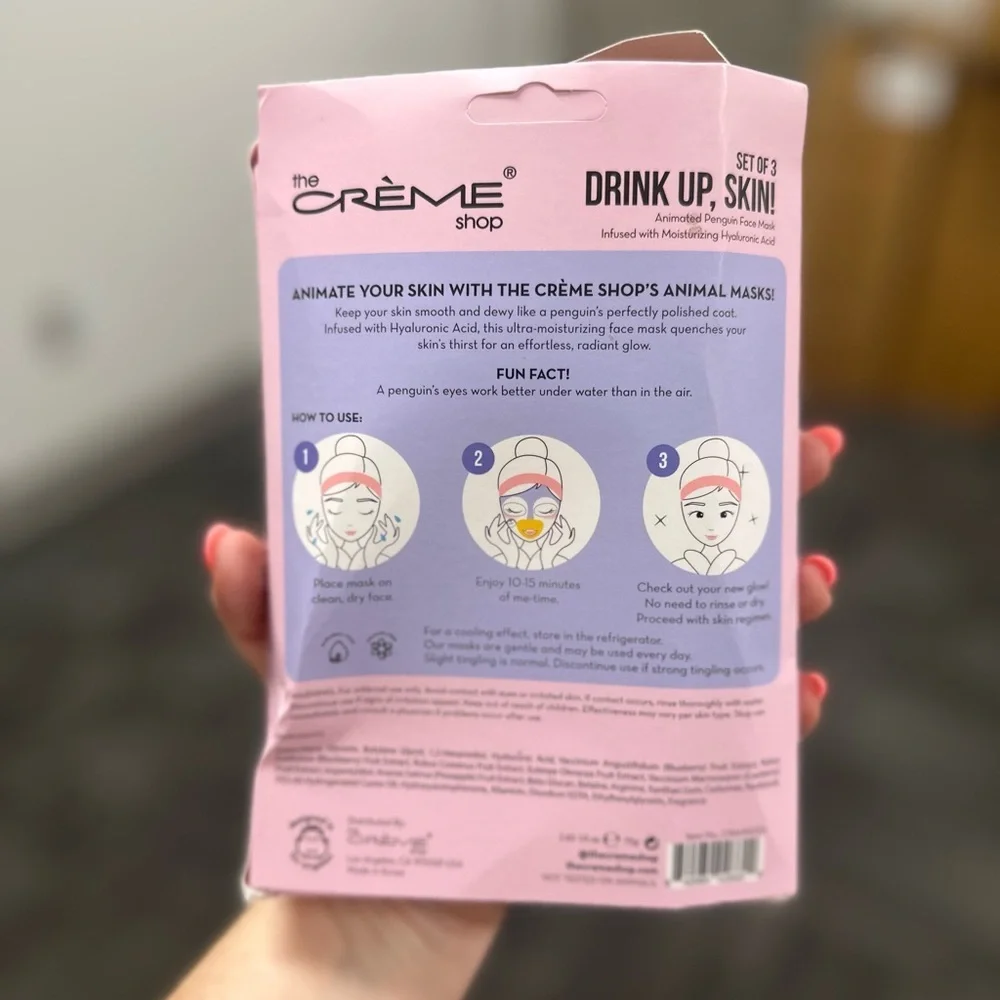 The Crème‎ Shop – “Drink Up, Skin!” Animated Penguin Face Mask (Set of 3) – NIB